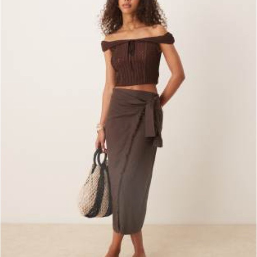 NWT Mango Brown Fringe Linen Wrap Skirt